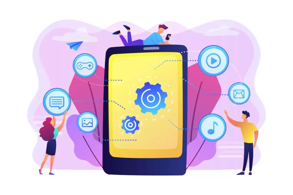 Ilustração de um aplicativo eSocial doméstico em smartphone, com ícones de mensagens, fotos, música, vídeos, email e jogos ao redor, destacando sua facilidade de uso.