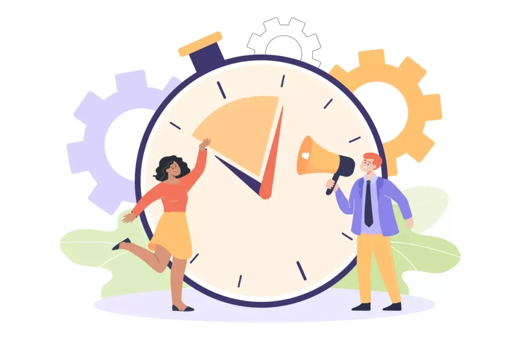 Ilustração de uma mulher e um homem ao lado de um grande relógio, representando compensação de horas domésticas, com engrenagens ao fundo simbolizando o trabalho e a organização doméstica.
