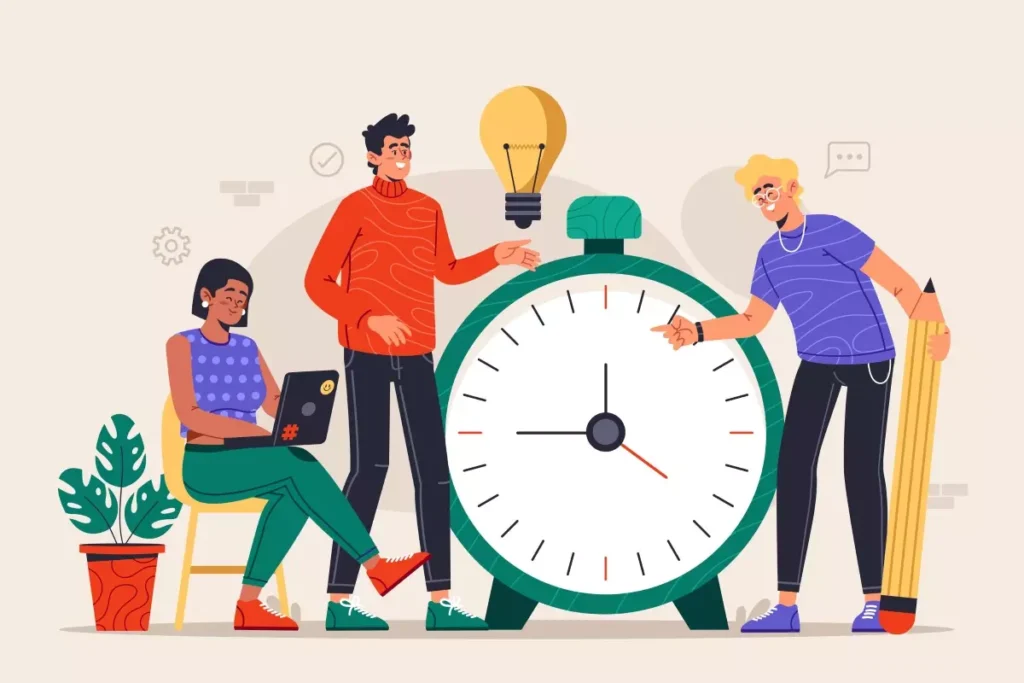 Ilustração com três pessoas discutindo controle da jornada de trabalho ao redor de um grande relógio, símbolo do gerenciamento do tempo no trabalho.