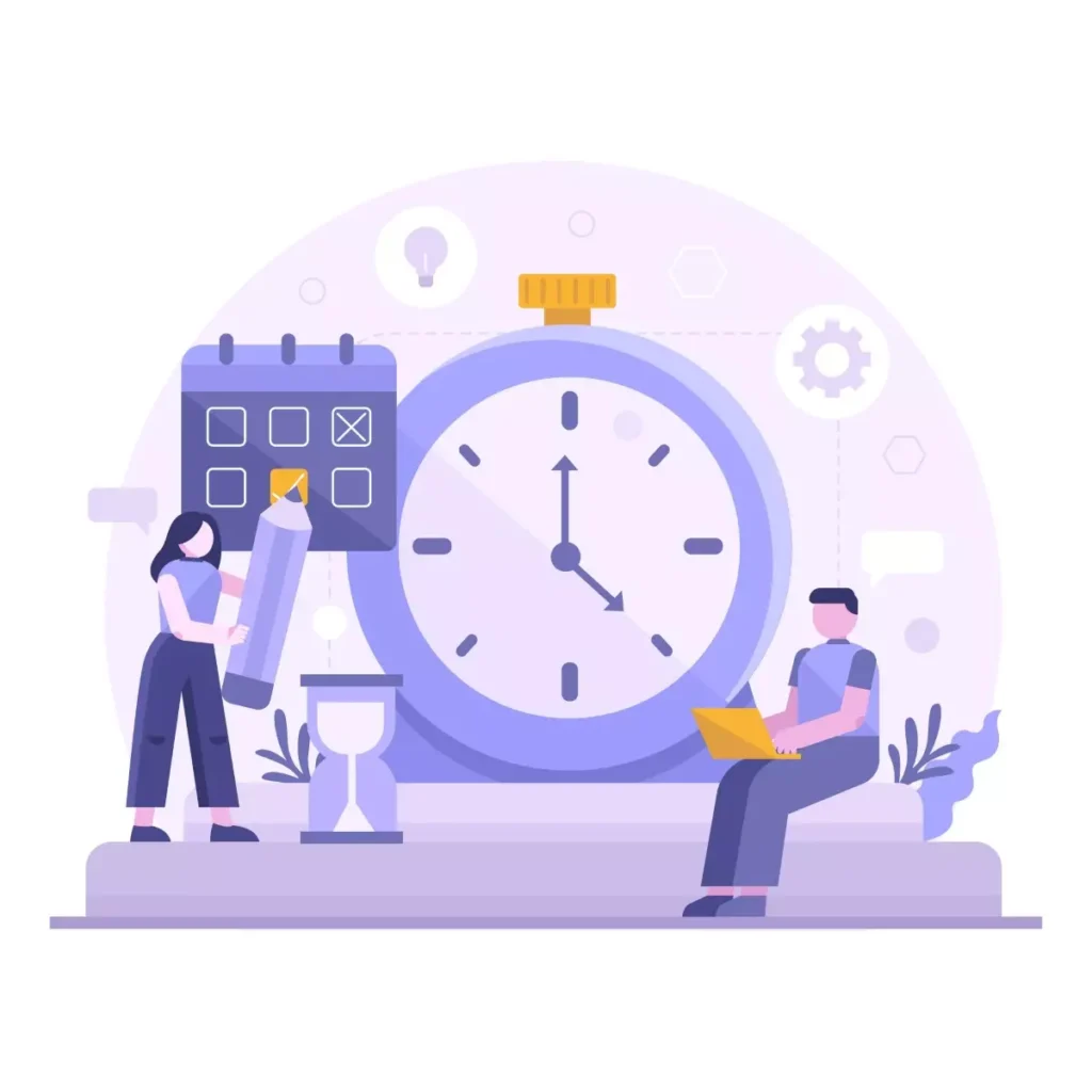 Imagem ilustrativa sobre controle da jornada de trabalho, com pessoas gerenciando horário, calendário, e usando tecnologia ao lado de um grande relógio.