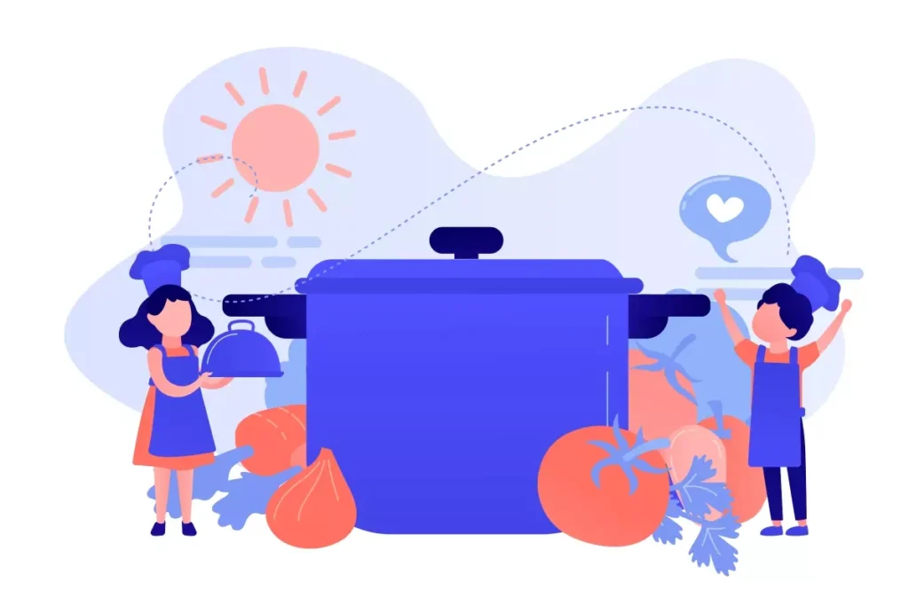 Ilustração de uma cozinheira e uma empregada doméstica preparando alimentos na cozinha, com ingredientes e utensílios ao redor, simbolizando trabalho doméstico e culinária.