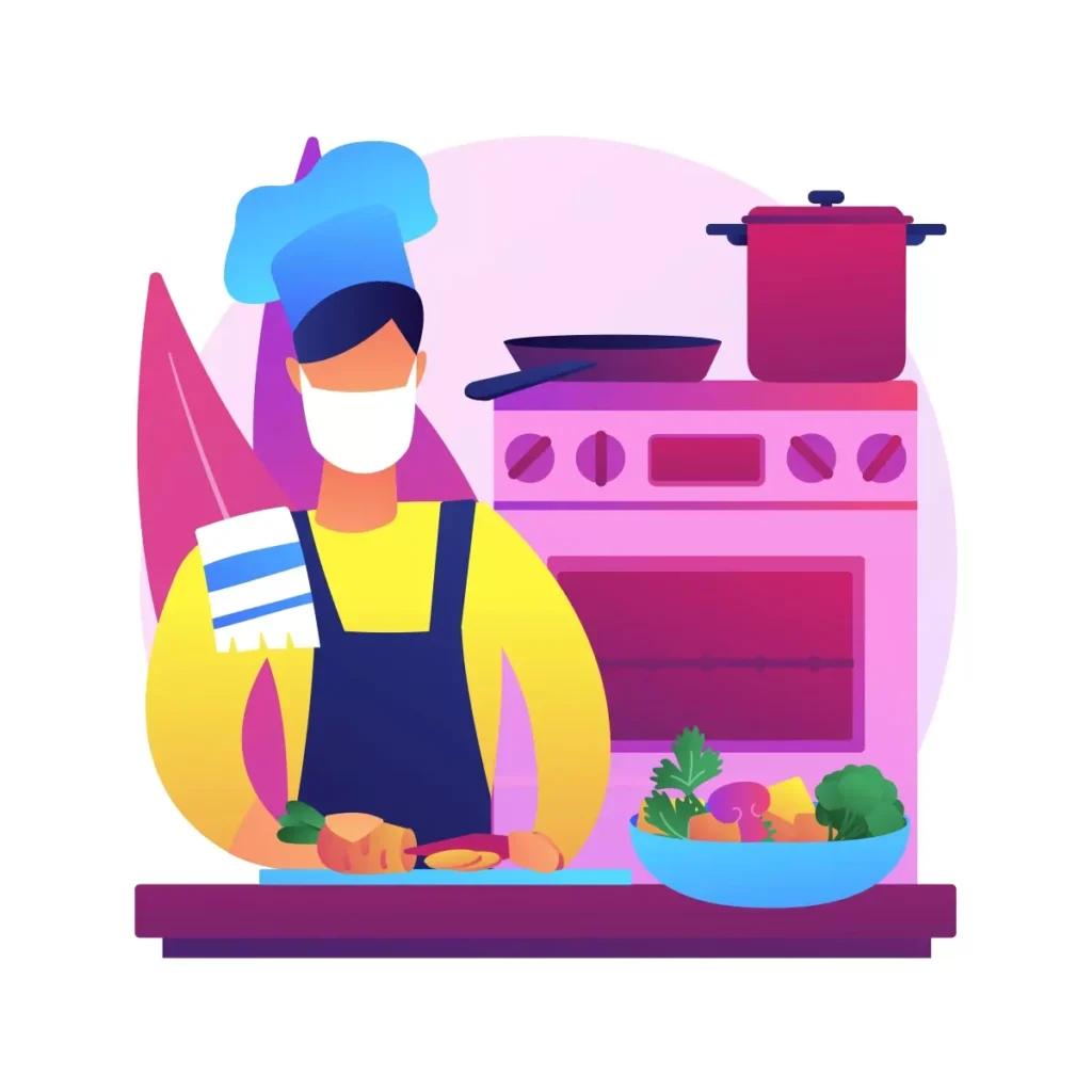 Ilustração de uma cozinheira e uma empregada doméstica preparando alimentos na cozinha, com ingredientes e utensílios ao redor, simbolizando trabalho doméstico e culinária.