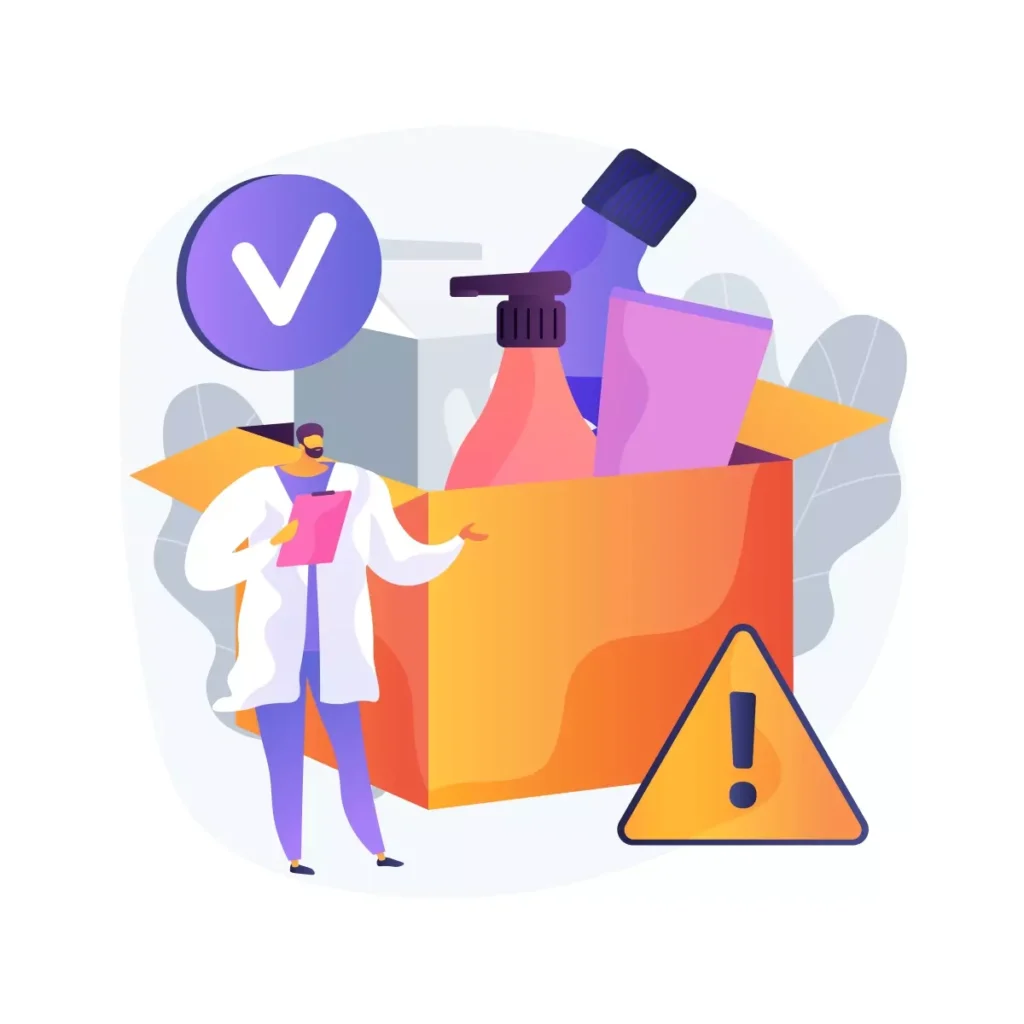 Ilustração representando a ação de descontar dano material, com uma caixa de produtos de limpeza, um profissional de saúde e sinal de alerta.