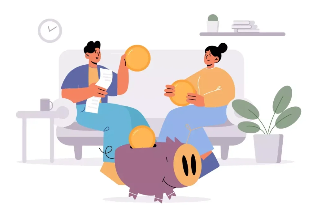 Ilustração de duas empregadas domésticas sentadas em um sofá, trocando ovos de Páscoa com um porquinho-cofrinho, simbolizando a importância do auxílio emergencial para profissionais domésticos.