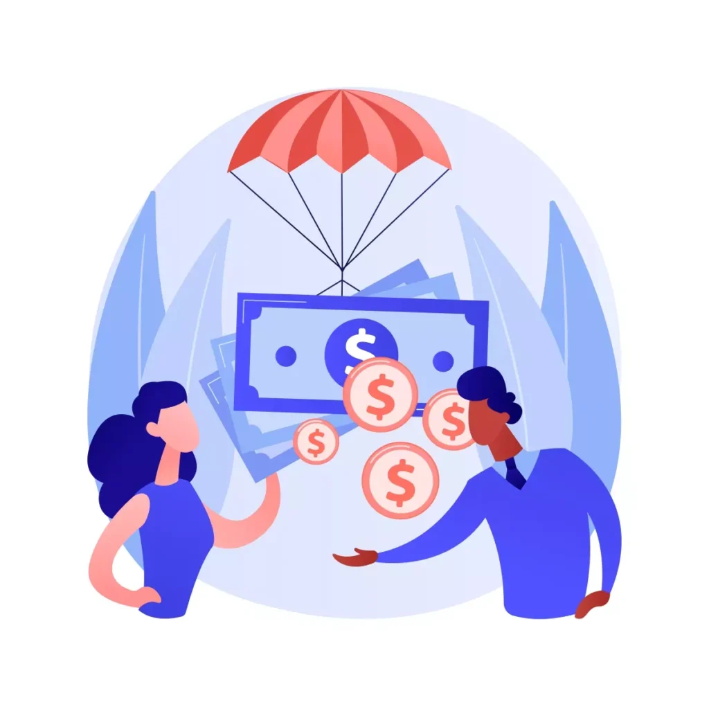 Representação de empregada doméstica recebendo auxílio emergencial, com dinheiro, moedas e guarda-chuva, simbolizando proteção social e direitos trabalhistas.