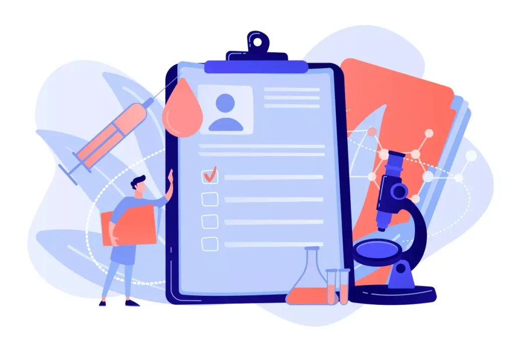 Ilustração do exame admissional e demissional de empregada doméstica, com formulário, microscópio, medicamento e pessoa verificando documentos.