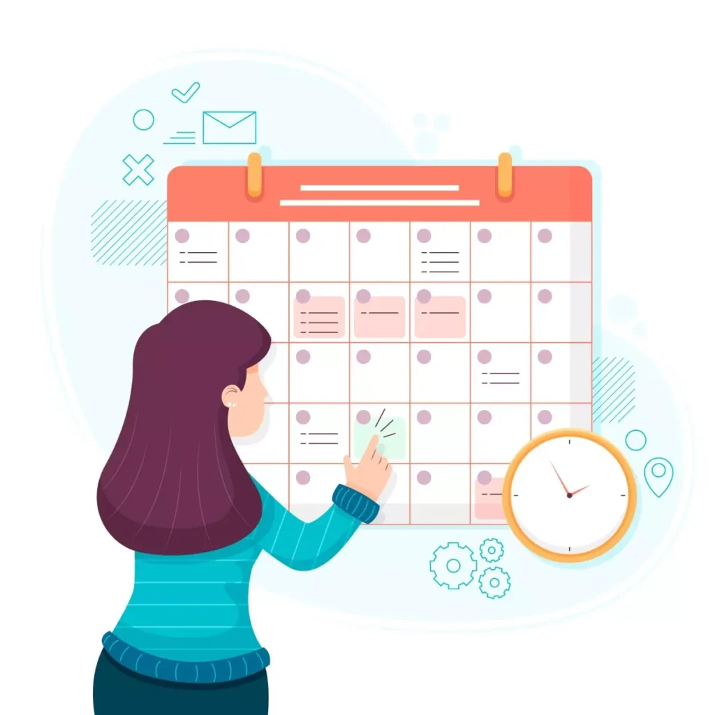 Ilustração de uma mulher organizando o calendário de feriados da doméstica após antecipação, com destaque para datas importantes, relógio e tarefas organizadas.