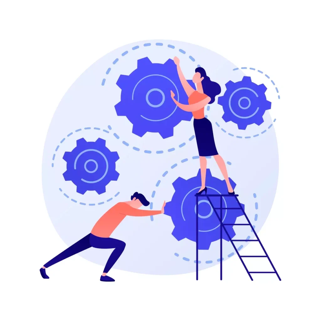 Ilustração representando mudanças no afastamento da empregada doméstica, com duas pessoas ajustando engrenagens para explicar alterações nas regras e legislação.