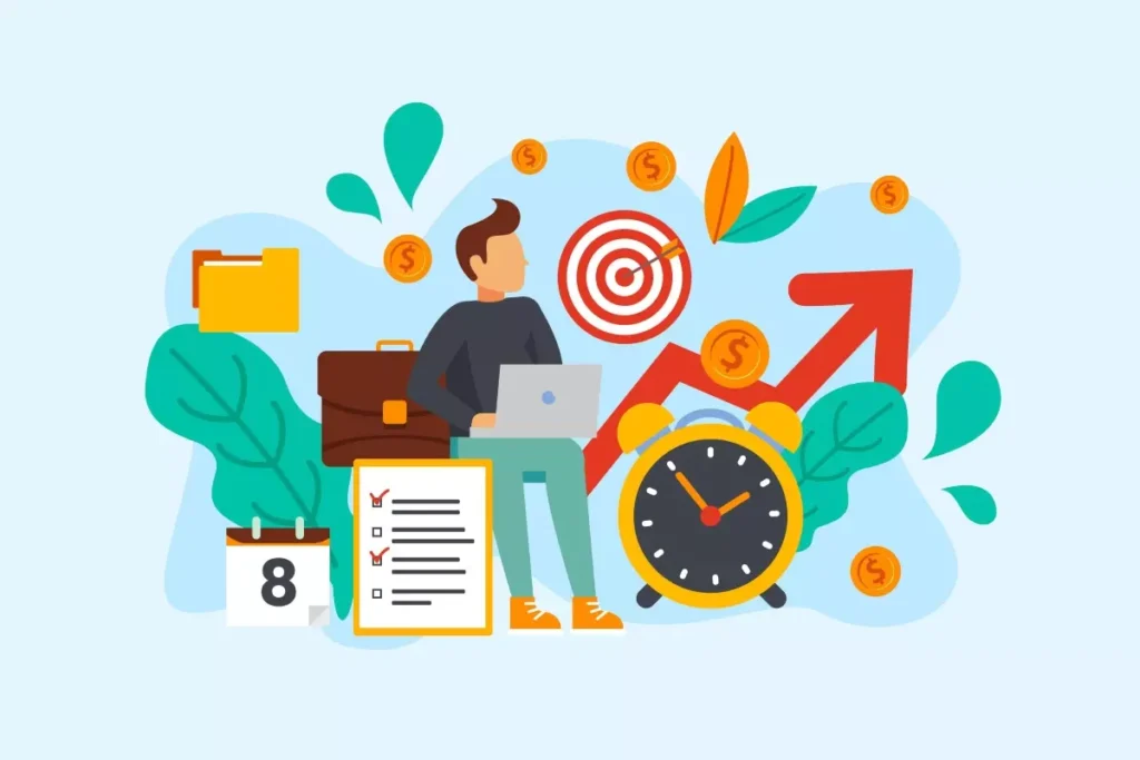 Ilustração representando a nova prorrogação de prazo de suspensão de contrato doméstica, com gráficos, relógio, calendário e símbolos de dinheiro.