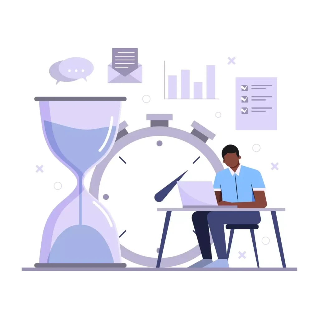 Ilustração representando a prorrogação de prazo para suspensão de contrato doméstico, com relógio, pessoa trabalhando e elementos de planejamento.