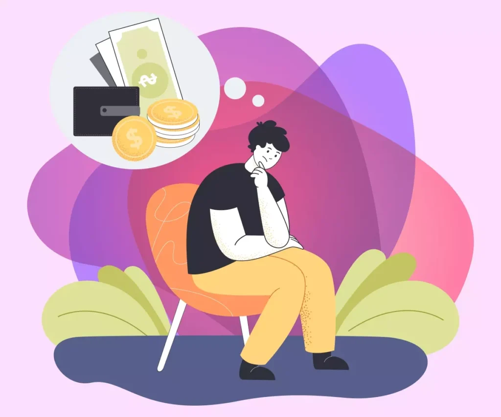 Ilustração de uma pessoa pensativa pensando sobre o pagamento da guia DAE na suspensão de contrato, com ícones de dinheiro, cartão e moedas ao lado.