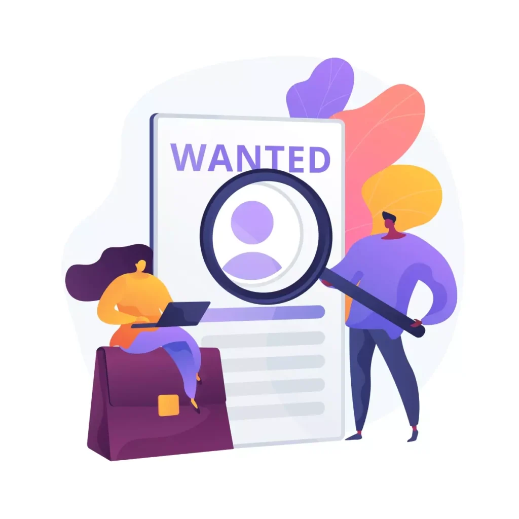 Ilustração representando um pedido de demissão na suspensão de contrato, com uma pessoa com laptop e outra com lupa, buscando candidatos.