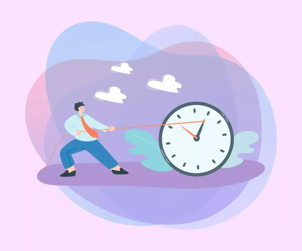 Ilustração de uma pessoa puxando uma corda que está presa em um relógio, simbolizando a prorrogação da suspensão de contrato de uma empregada doméstica de forma flexível.
