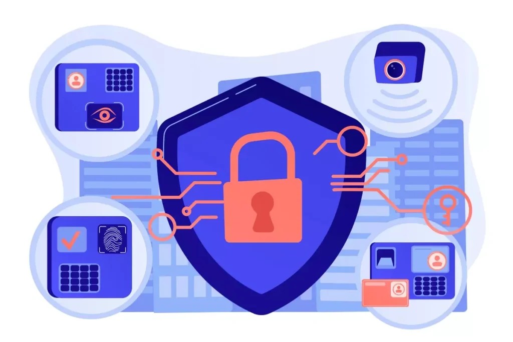 Ilustração representando segurança digital com cadeado em fundo de dispositivos eletrônicos, destacando a importância do seguro-desemprego online para domésticas.