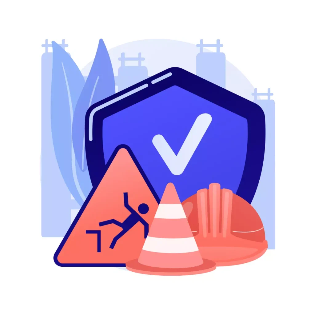 Ilustração representando um acidente de trabalho do empregado doméstico, com símbolos de proteção, sinal de alerta e equipes de segurança.