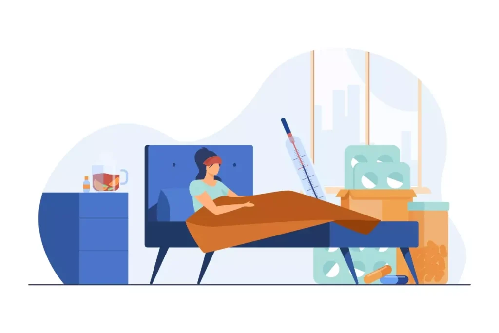 Ilustração de uma empregada doméstica deitada na cama, recebendo tratamento médico com uma seringa na mão, representando auxílio-doença do empregado doméstico.