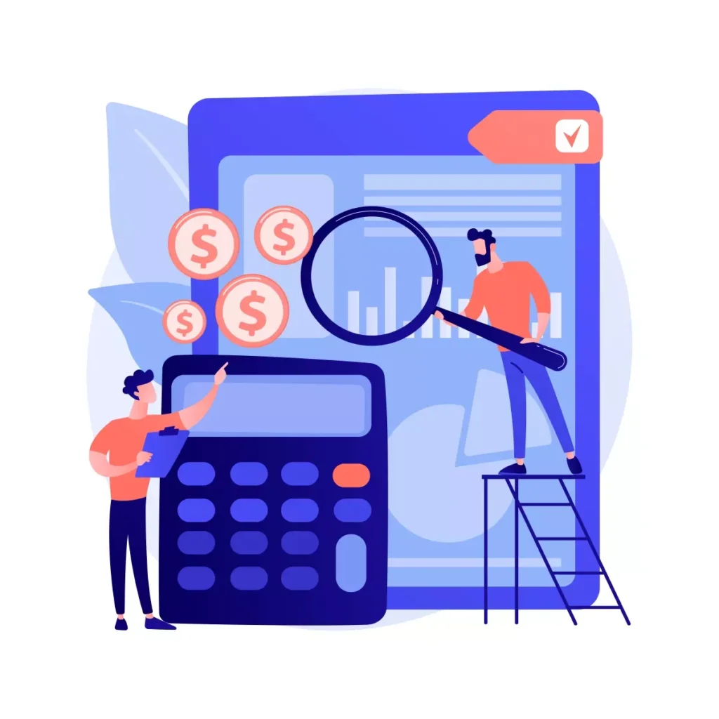 Ilustração de cálculo de FGTS atrasado para empregada doméstica, destacando gráficos, dinheiro e analistas analisando dados financeiros.