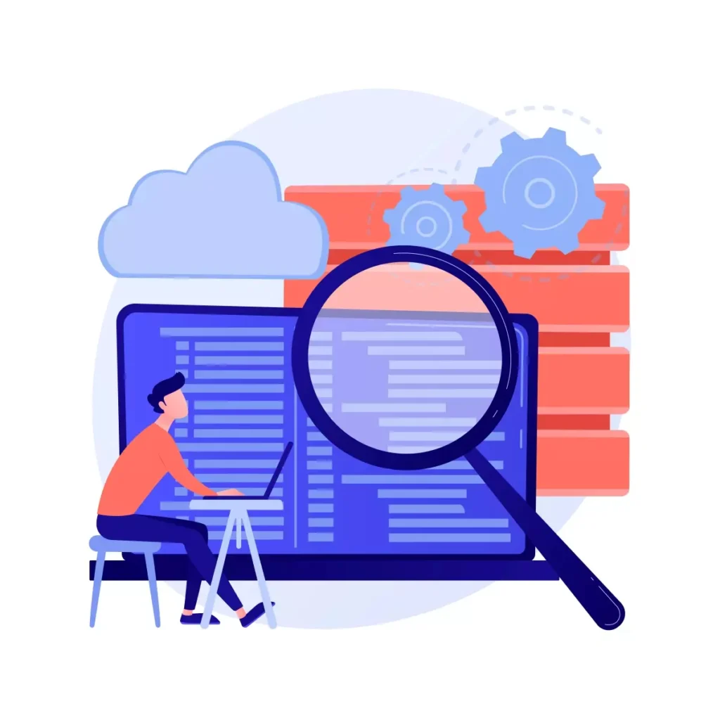 Ilustração digital representando o desligamento da empregada doméstica, com elementos como computador, lupa, nuvem e engrenagens, simbolizando análise e processos.