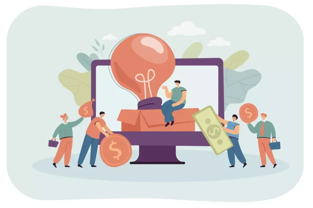 Ilustração mostrando trabalhadores domésticos com sacolas de dinheiro, uma lâmpada e um computador, indicando os direitos ao FGTS para domésticas.
