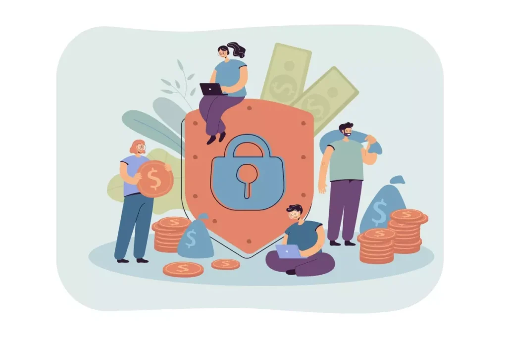 Ilustração sobre empregador doméstico e direito ao seguro-desemprego, mostrando pessoas com dinheiro, computadores e um cadeado de segurança.