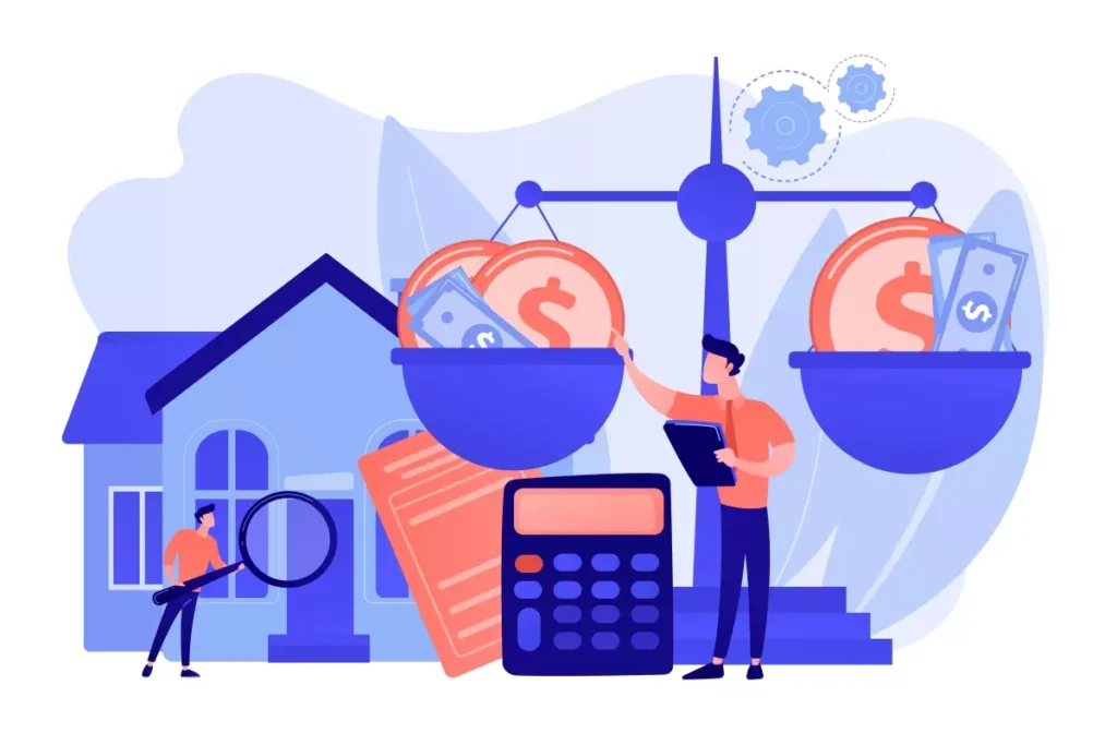 Imagem representando cálculos e análises financeiras relacionadas à indenização por danos morais doméstica, com uma casa, moedas, gráficos e profissionais avaliando valores.