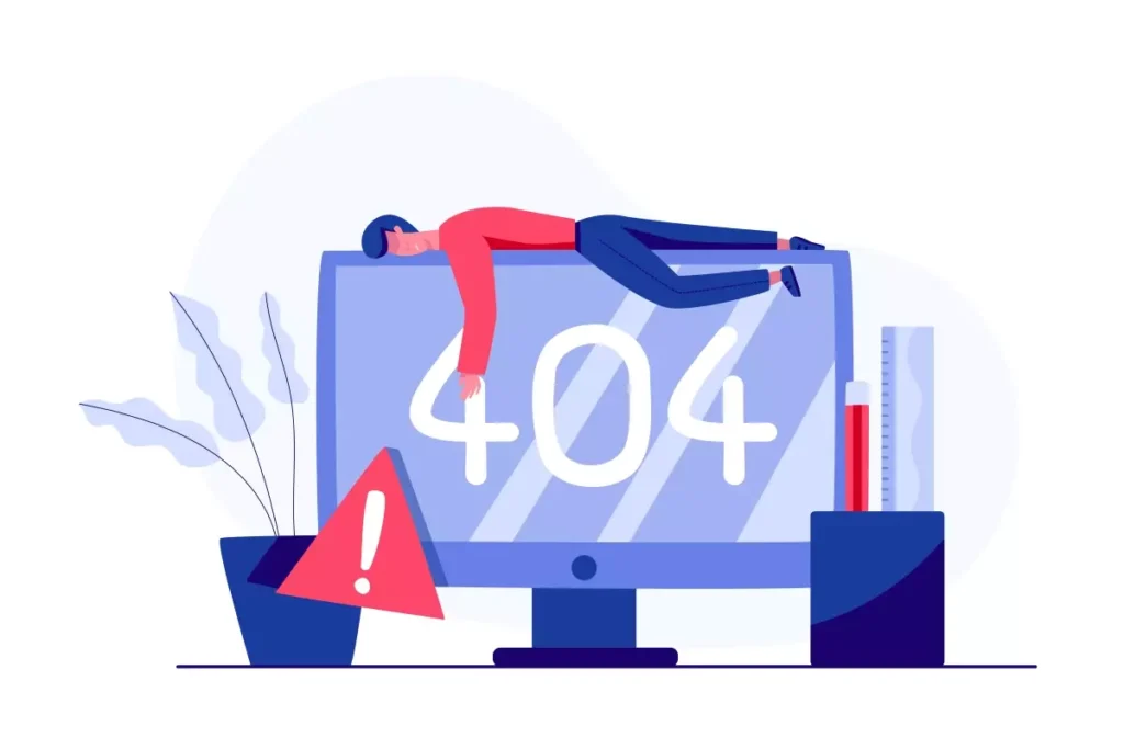 Imagem ilustrativa de erro 404 com pessoa deitada sobre um monitor, simbolizando problemas ao não pagar o eSocial, que pode gerar penalidades e multas.