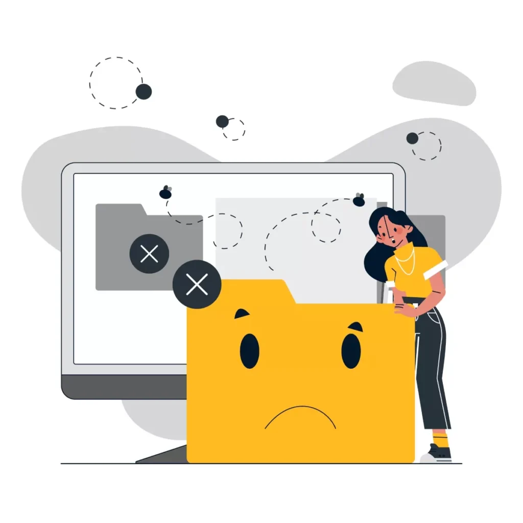 Ilustração de uma pessoa preocupada com um arquivo de sistema de computador e um arquivo de pasta, representando problemas causados pelo não pagamento do eSocial.