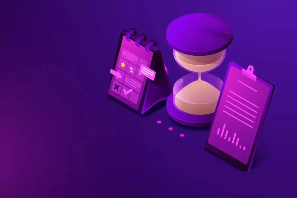 Imagem ilustrativa sobre o prazo para compensar banco de horas da doméstica, incluindo calendário, ampulheta e relatórios de controle
