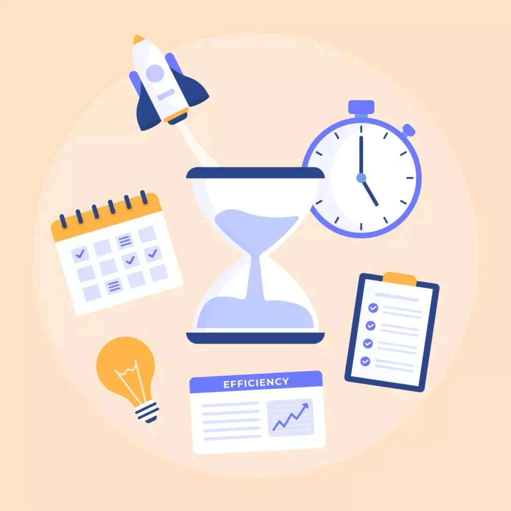 Ilustração sobre o prazo para compensar banco de horas da doméstica, incluindo relógio, calendário, lista de tarefas, lâmpada e fantasia de foguete.