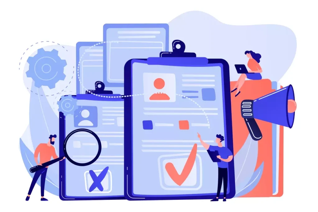 Ilustração relacionada ao tema 'quem pode ser empregador doméstico', mostrando documentos, lupa e megafone, simbolizando seleção e comunicação para contratação de empregados domésticos.