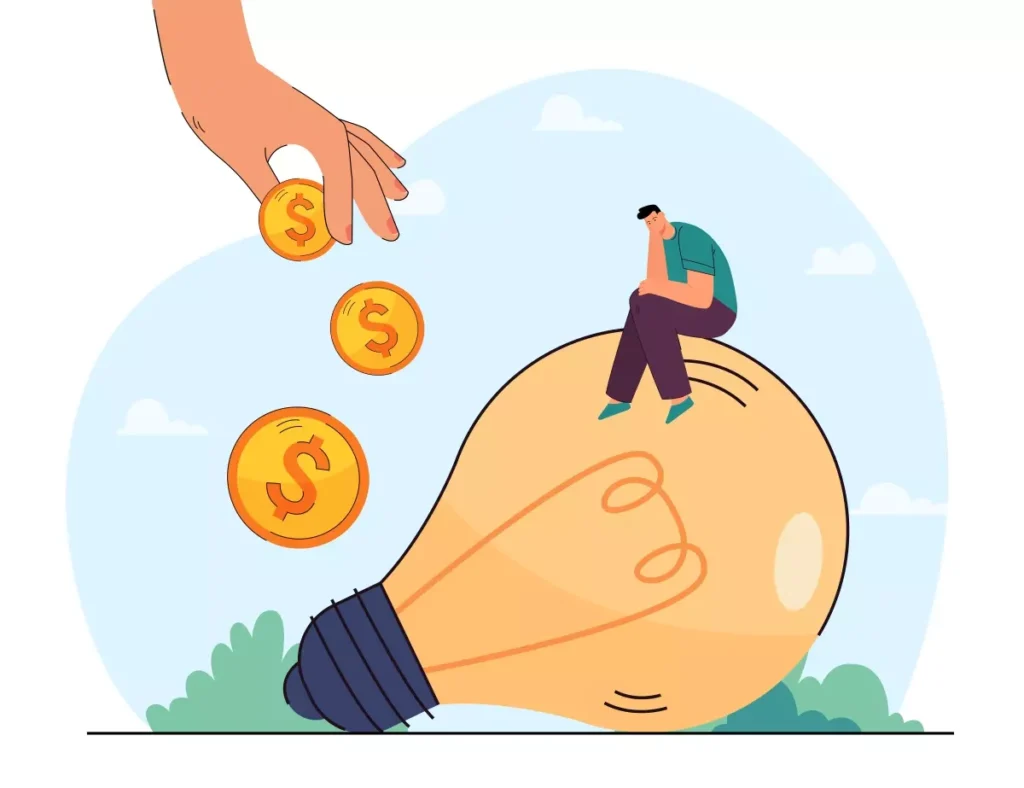 Ilustração mostrando a contribuição do empregador doméstico, com uma mão soltando moedas de dinheiro e uma pessoa pensativa sentada na grande lâmpada, simbolizando a importância da contribuição para o trabalhador doméstico.