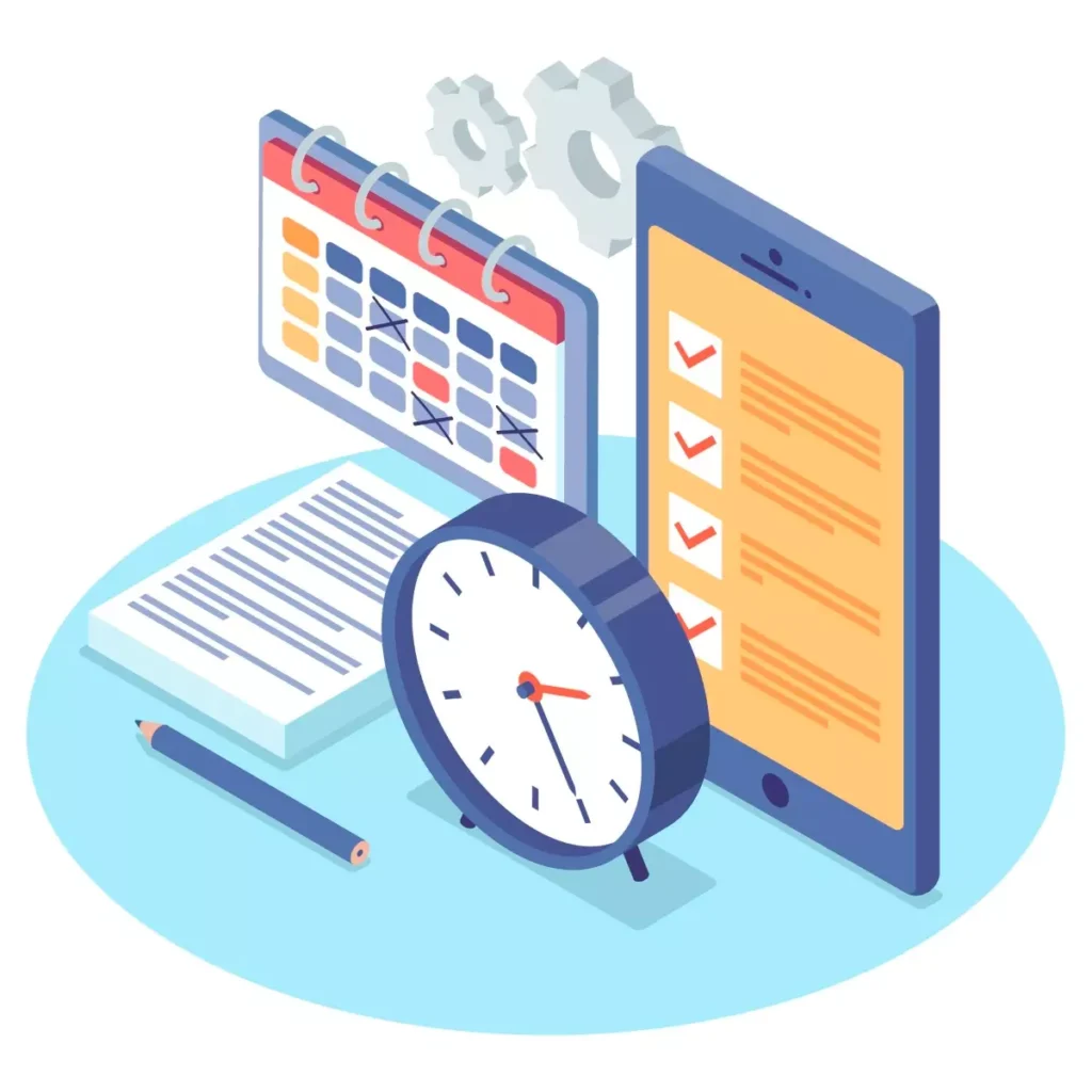 Ilustração da entrega dos documentos rescisórios para doméstica, incluindo calendário, documentos, smartphone com lista de tarefas, relógio e engrenagens.