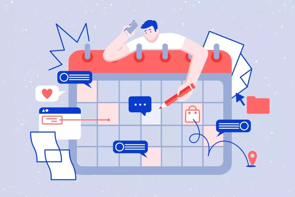 Ilustração de uma empregada doméstica planejando feriados antecipados em um calendário, com elementos como mensagens de texto, calendário e ícones de comunicação.