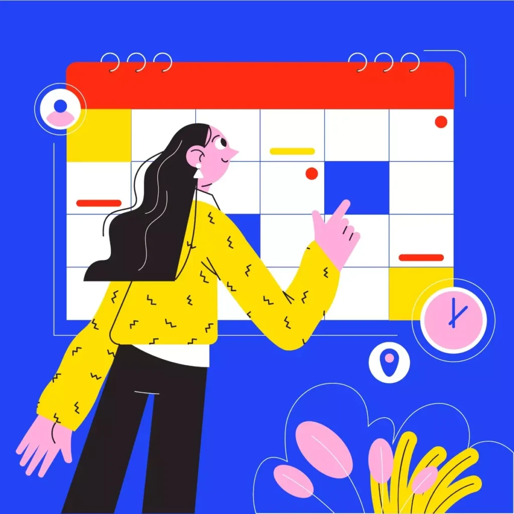 Ilustração de uma mulher planejando feriados antecipados para empregada doméstica em um calendário, com destaque para a importância do planejamento de folgas e compensações.