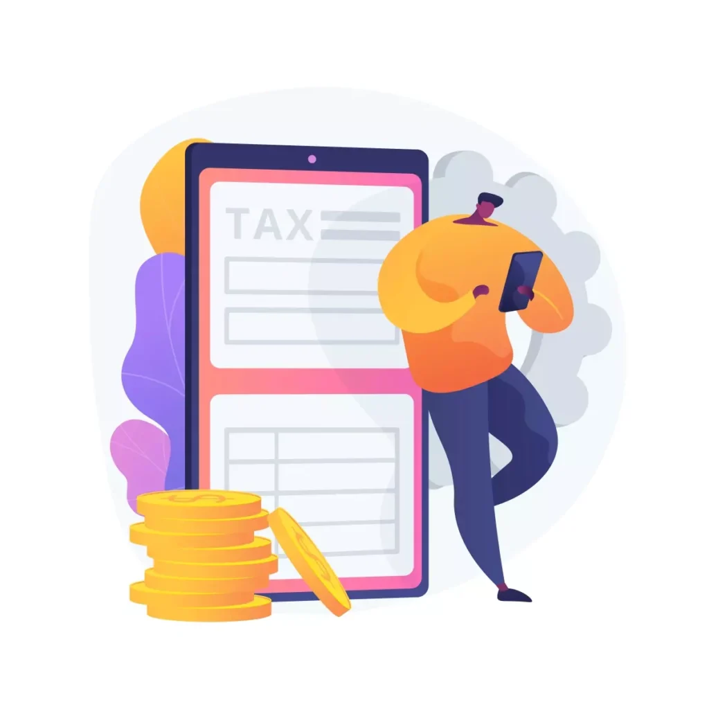 Ilustração digital representando o pagamento de multas do eSocial doméstico, com uma pessoa usando celular, uma grande tela de smartphone exibindo uma cobrança de taxa e moedas ao lado, simbolizando a gestão e pagamento de multas.