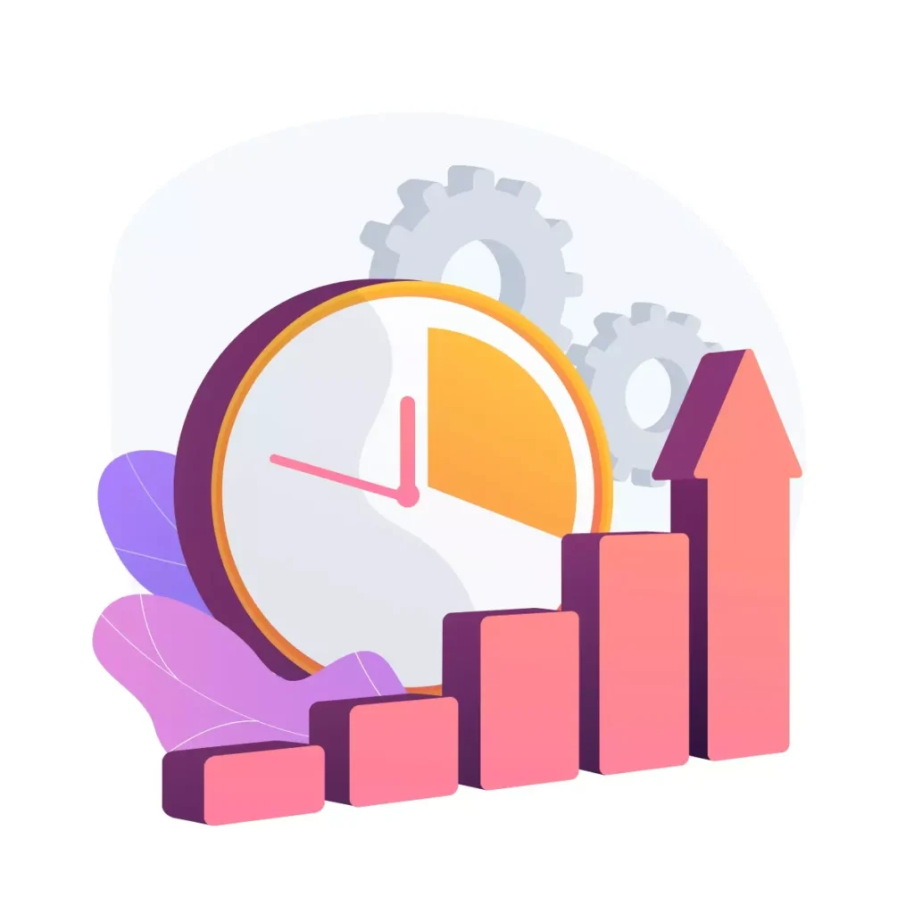 Ilustração representando prorrogações de redução de jornada e suspensão de contratos de trabalho, com gráfico de crescimento, relógio e engrenagens para simbolizar gerenciamento de tempo e ajustes contratuais.