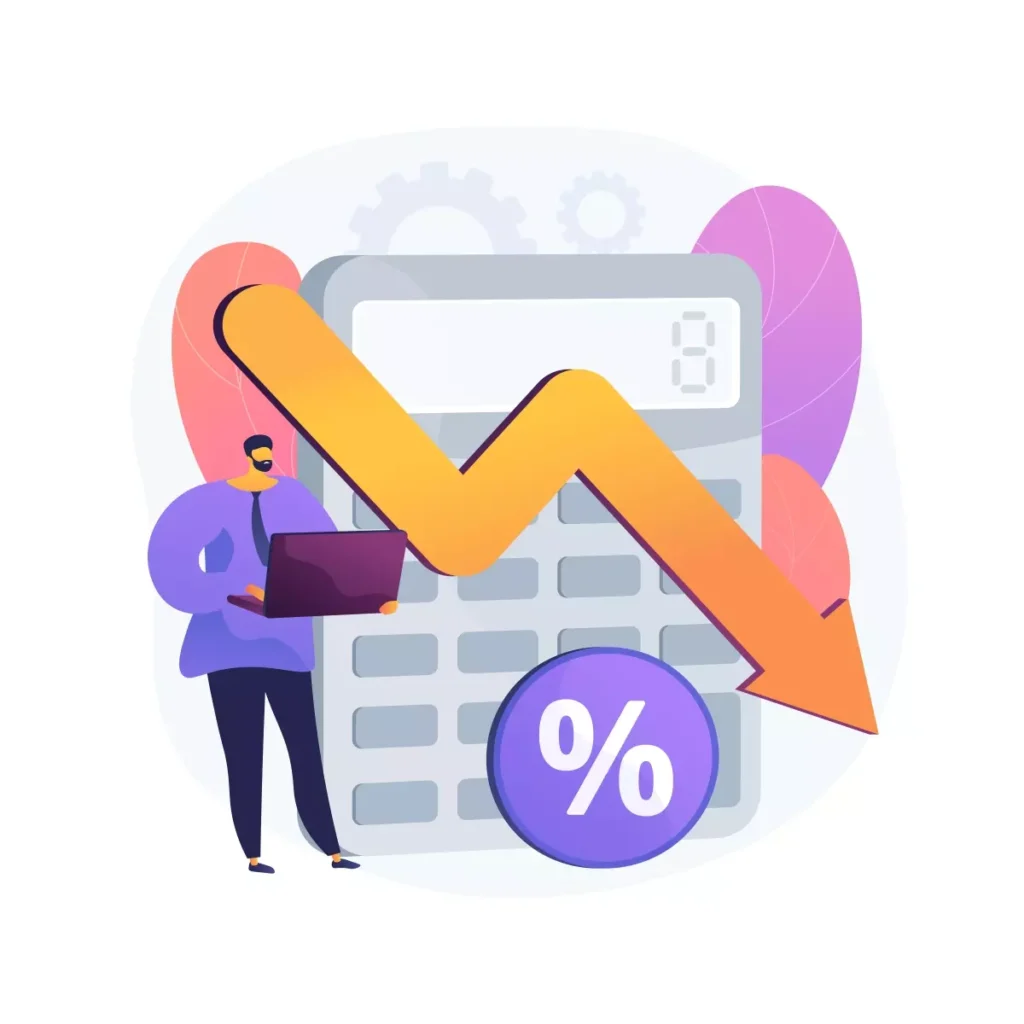 Ilustração representando redução de carga horária e salário da doméstica, com gráfico de queda, símbolo de porcentagem e pessoa com laptop, simbolizando economia e ajustes financeiros na contratação de domésticas.
