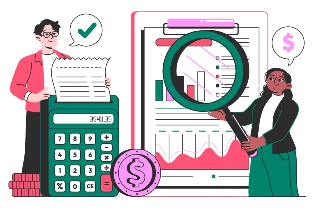 Ilustração explicativa sobre o cálculo do 13º salário proporcional de empregada doméstica, com gráficos, moedas, calculadora e análise de dados financeiros.