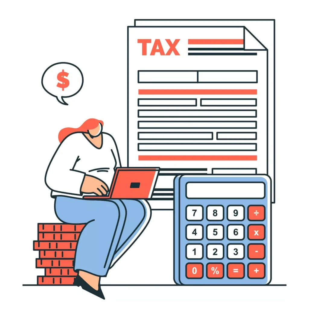 Ilustração explicativa sobre o cálculo do 13º salário proporcional de empregada doméstica, destacando uma calculadora, uma ficha de imposto e uma mulher trabalhando com um laptop, ideal para entender direitos trabalhistas.