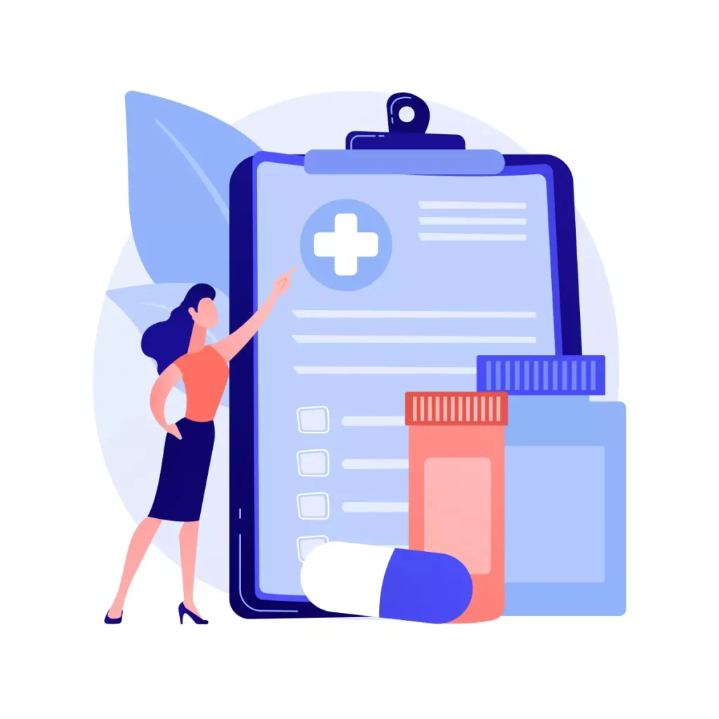 Imagem ilustrativa de um atestado médico para empregada doméstica, com um grande crachá de papel, medicamentos e uma pessoa apontando para o documento.