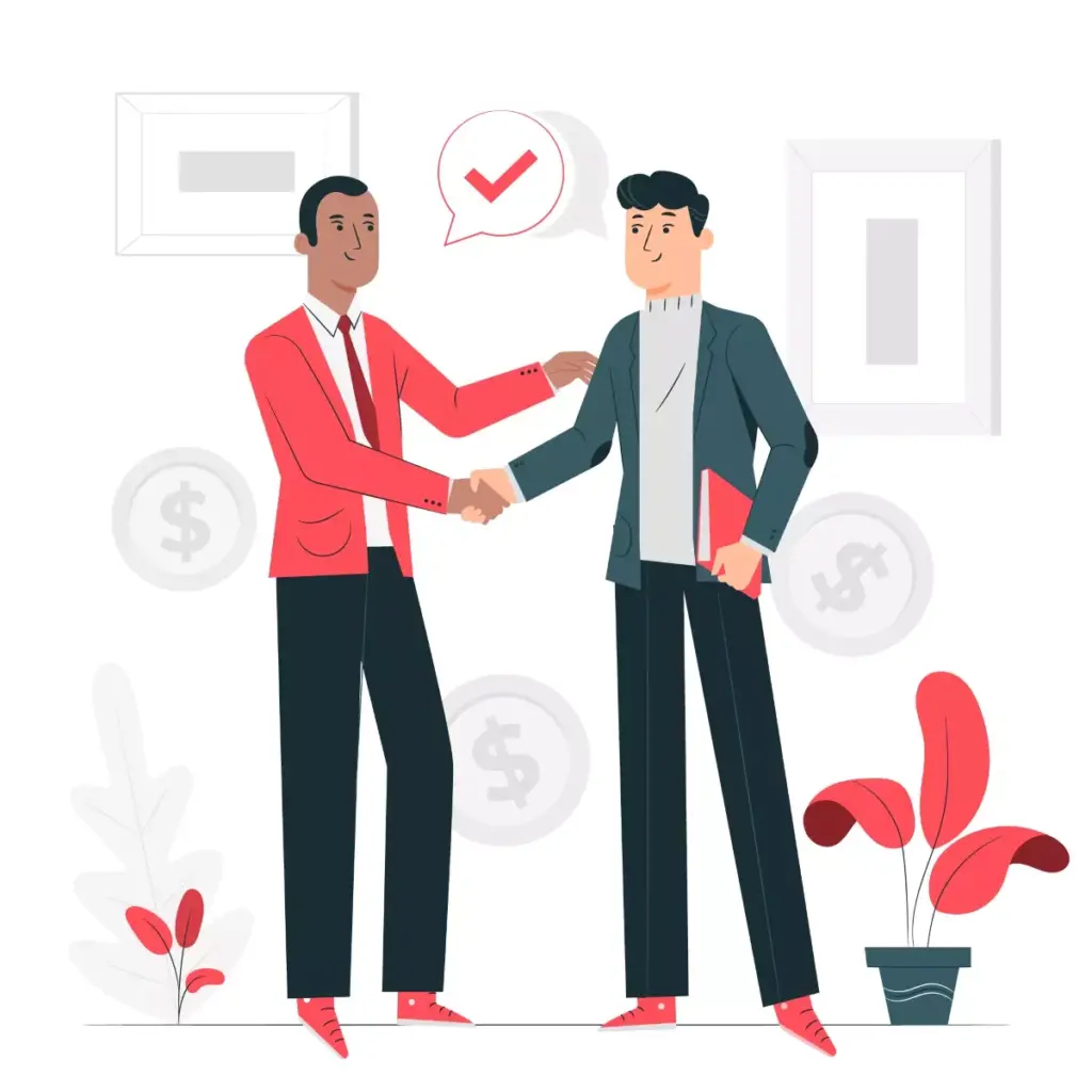 Imagem ilustrativa sobre fracionamento e venda de férias do empregado, mostrando dois homens se cumprimentando em um ambiente profissional, com símbolos financeiros ao fundo.