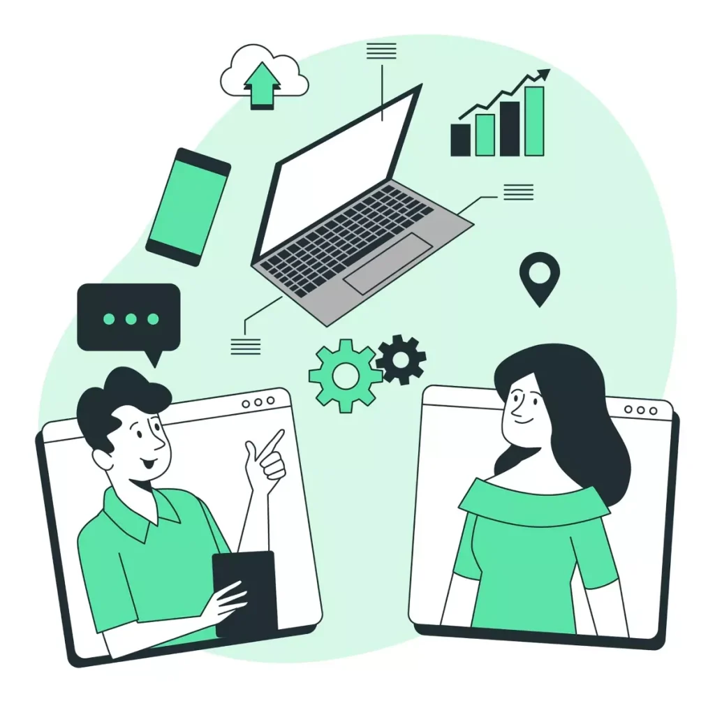 Ilustraçã que mostra a importância da tecnologia na comunicação e no crescimento digital, com laptops, dispositivos móveis e gráficos de crescimento.