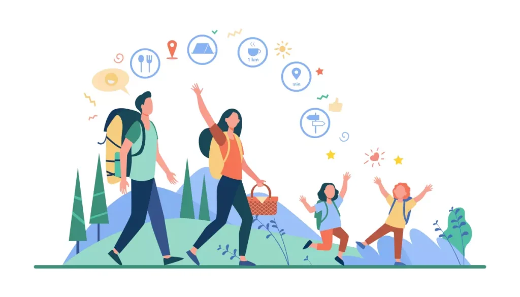 Família com a babá curtindo uma viagem ao ar livre, crianças brincando e aproveitando o passeio em meio à natureza, garantindo diversão e segurança para todos.