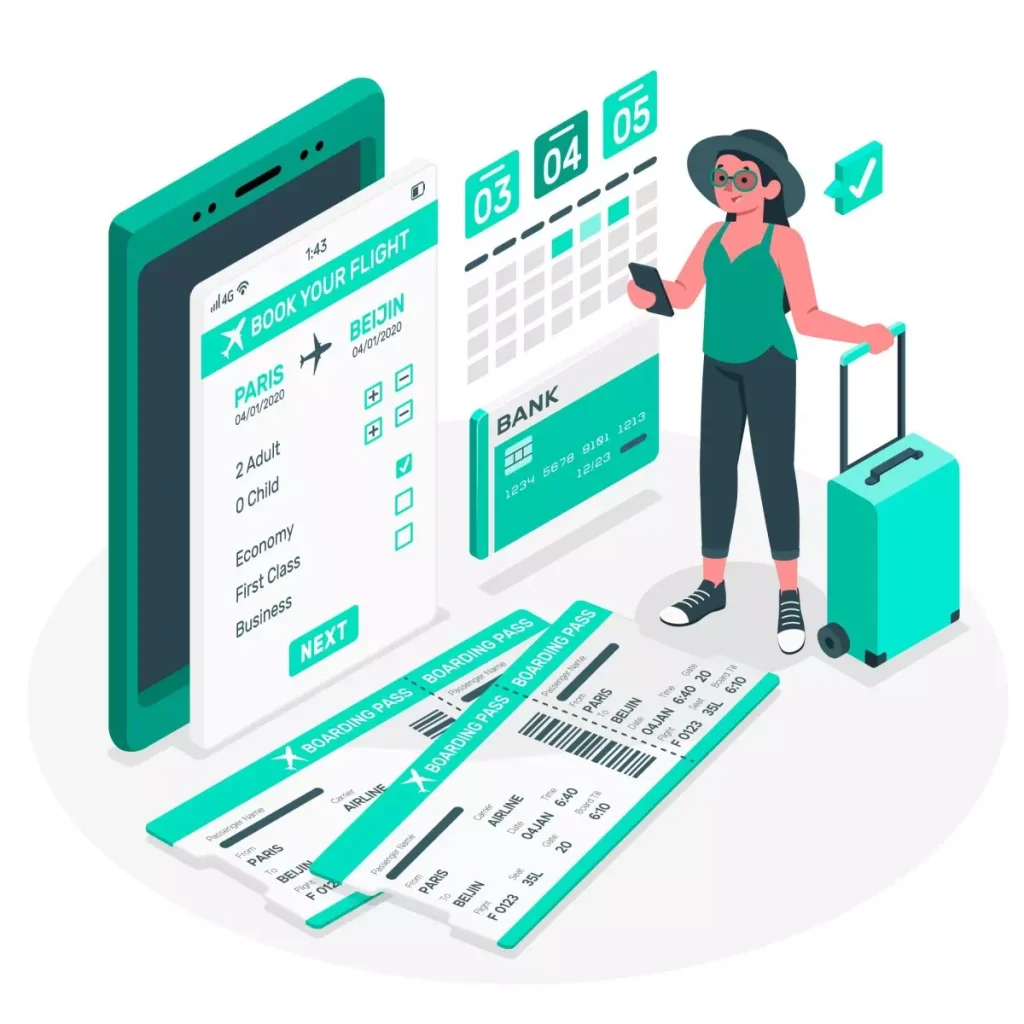 Imagem ilustrativa de uma viagem de família com a babá, mostrando passagens, passaporte, boleto de viagem e uma criança com mala ilustrada.