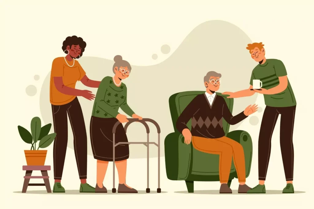 Imagem de cuidadores oferecendo apoio a idosos, incluindo uma mulher usando uma bengala, uma mulher assistindo, e um homem sentado na cadeira, promovendo a contratação de cuidador de idosos autônomo.