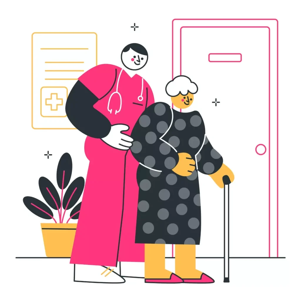 Ilustração de cuidador de idosos autônomo ajudando uma pessoa idosa com uso de bengala, ambiente de saúde com plantas e porta ao fundo.