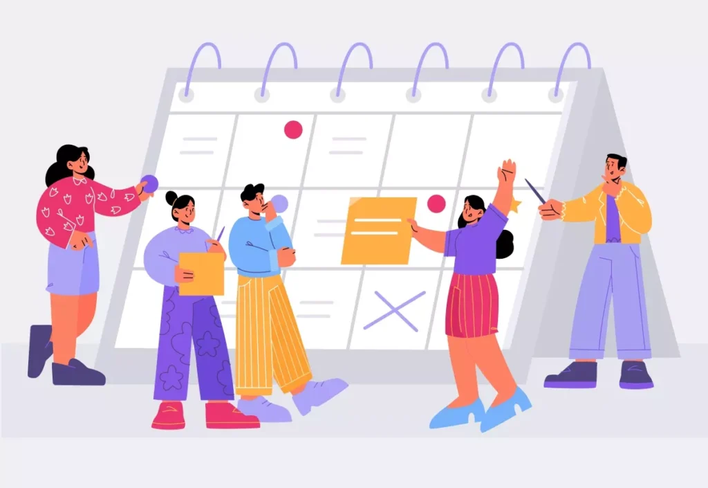 Ilustração de pessoas organizando uma convocação do empregado doméstico nas eleições, discutindo e marcando pautas em um grande calendário.