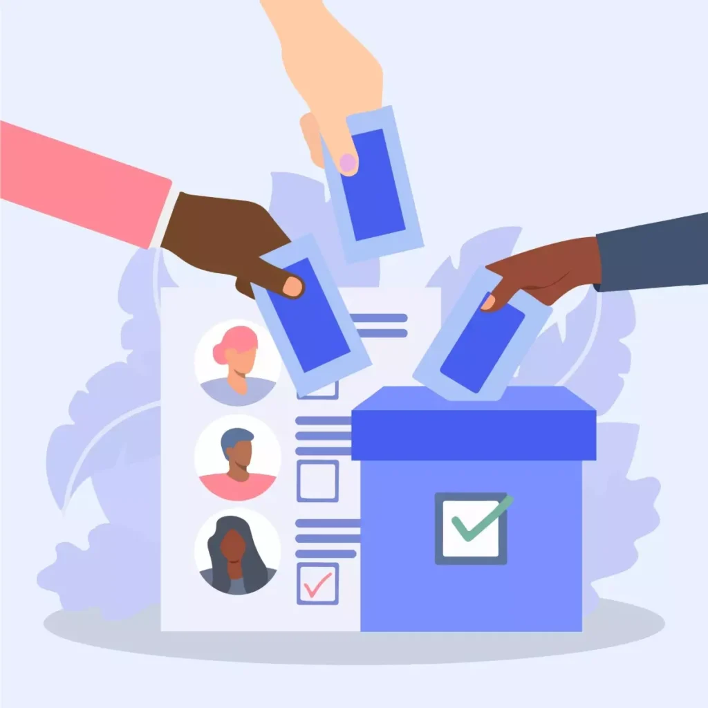 Ilustração de três mãos depositando votos em uma urna para convocação do empregado doméstico nas eleições, com perfis de candidatos ao lado.