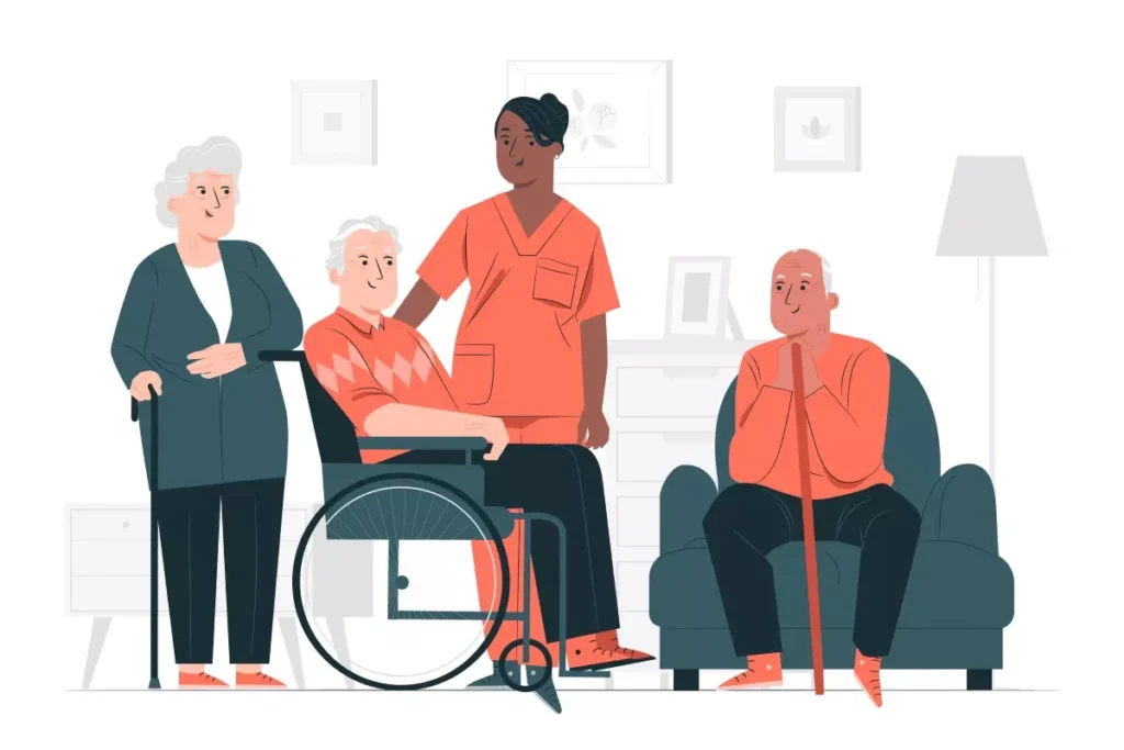 Ilustração de uma cuidadora de idosos que dorme no emprego, cercada por idosos na casa de repouso, mostrando cuidados de forma engraçada.