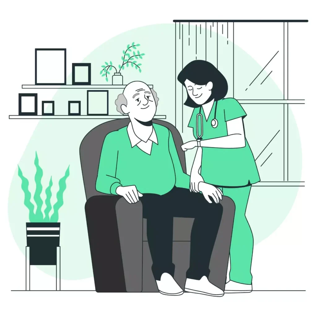 Ilustração de uma cuidadora de idosos descansando enquanto um idoso está sentado em uma poltrona, ambiente acolhedor com plantas e prateleiras ao fundo.